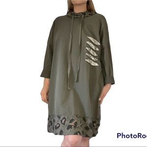 New Made in Italy Long Sleeve Sequin Scarf Hoodie Dress in Sage